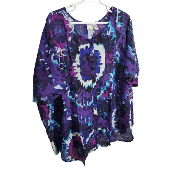 Roaman's Tops - Roamans NWOT Sz 5X Tunic Button Blouse Floral Print Gauzy Crinkle Cotton Purple